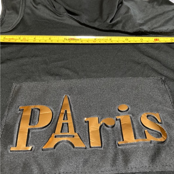 Uni shoulder ruffle detail mini dress embellished with puffy gold “PARIS”. - Picture 5 of 7